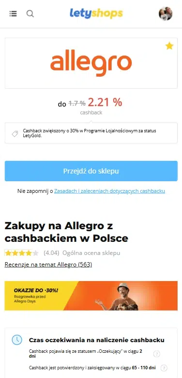 Cashback Allegro w Letyshops na telefonie – aktualna stawka do 2,21% i promocja -30% przed Allegro Days.