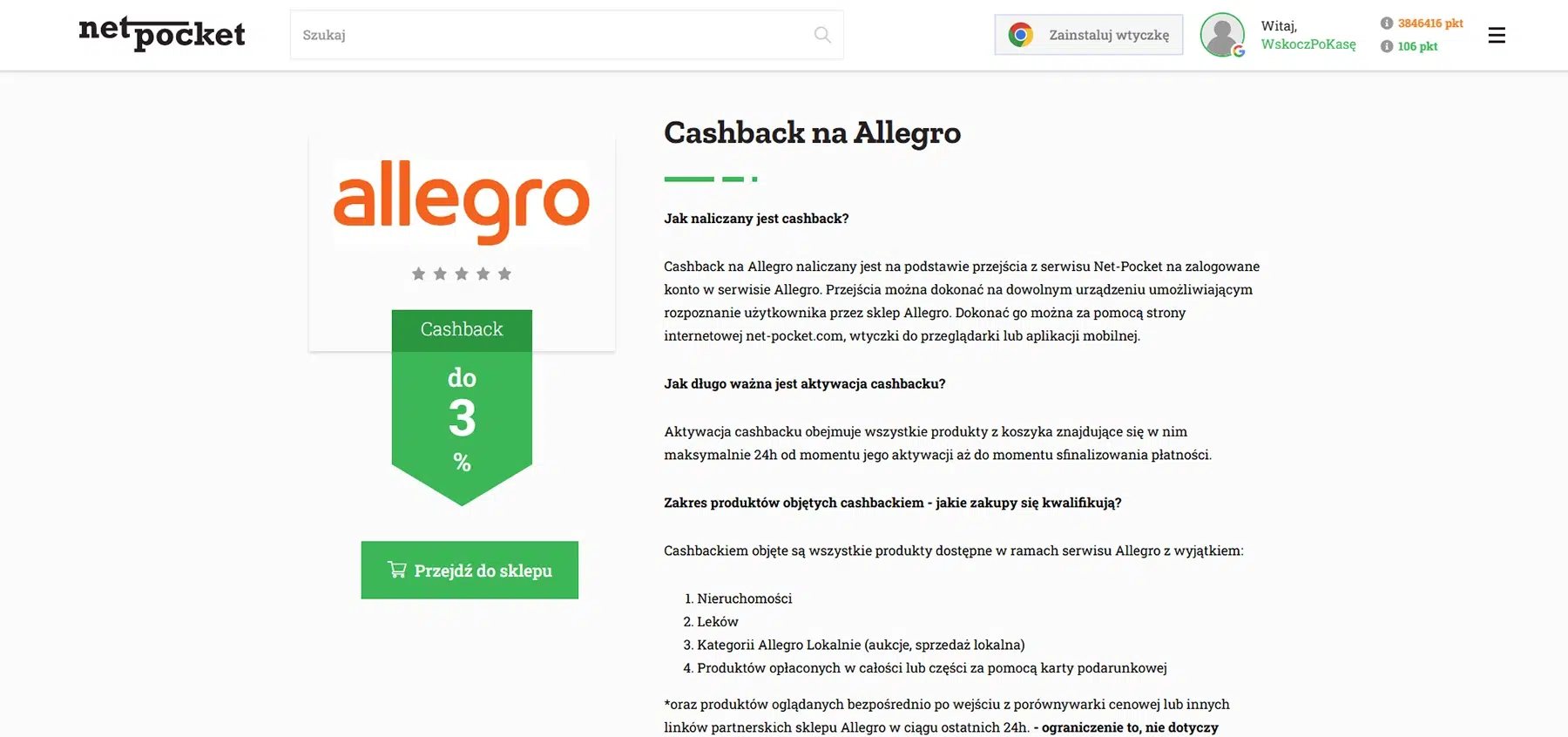 Cashback Allegro do 3% z serwisu Net-Pocket – szczegóły naliczania, aktywacji i wykluczeń.