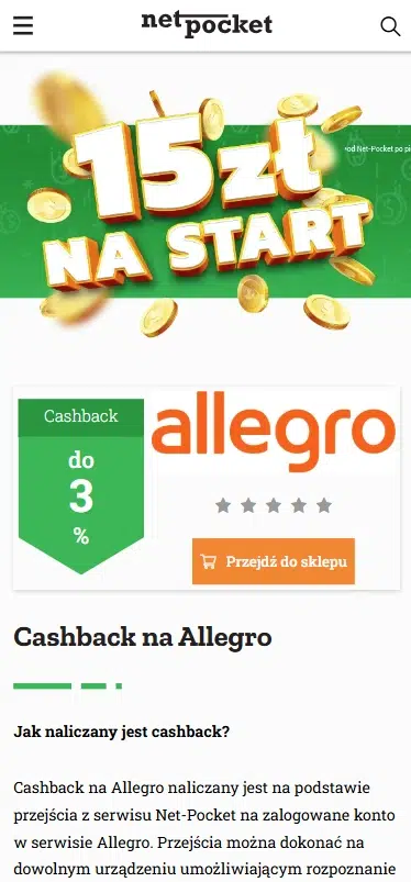 Promocja Net-Pocket: 15 zł na start i do 3% cashbacku za zakupy na Allegro.