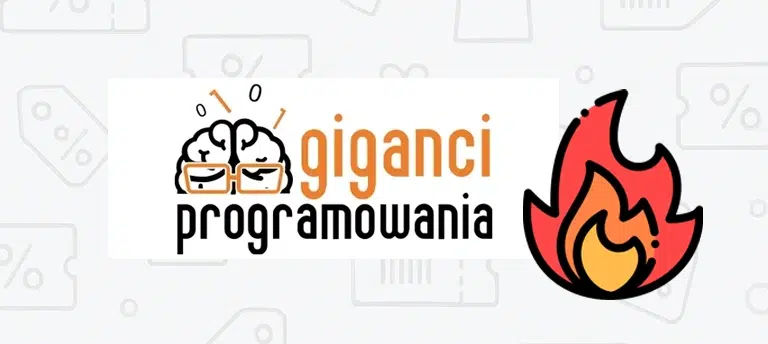 Logo Giganci Programowania z rysunkiem uśmiechniętego mózgu w okularach oraz ikona płomienia sugerująca promocję lub kod rabatowy na kursy programowania.