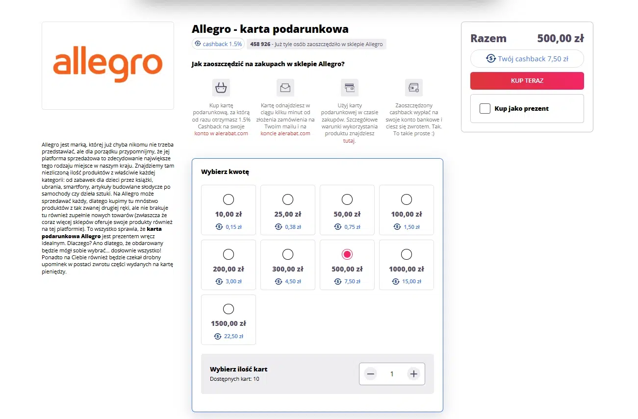 Karta podarunkowa Allegro o wartości 500 zł z cashbackiem 1,5% na AleRabat – zyskaj 7,50 zł zwrotu za zakup.