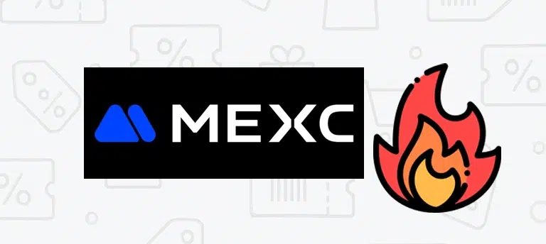 Logo giełdy kryptowalut MEXC na czarnym tle oraz ikona płomienia symbolizująca gorącą promocję lub kod rabatowy.