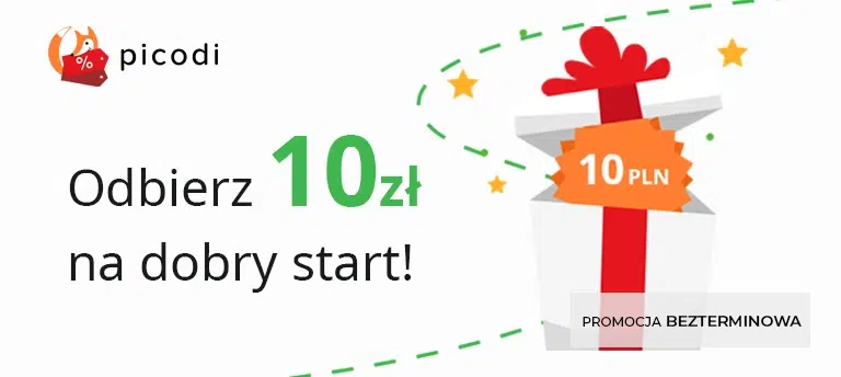 Promocja Picodi – odbierz 10 zł na start za rejestrację z polecenia; grafika prezentu z napisem „10 PLN”, oznaczenie promocji jako bezterminowej.