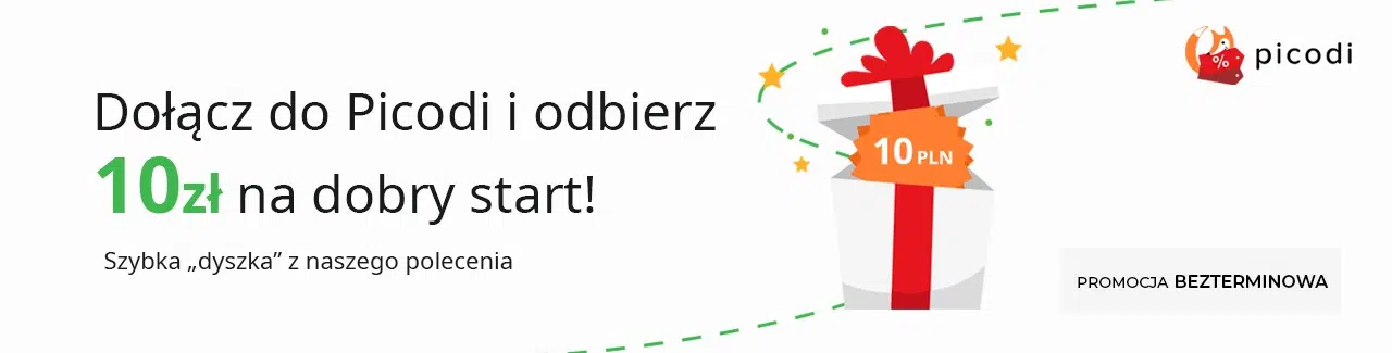 Baner promocyjny Picodi – 10 zł na start za rejestrację z polecenia, bezterminowa promocja z grafiką prezentu i logo serwisu cashbackowego.