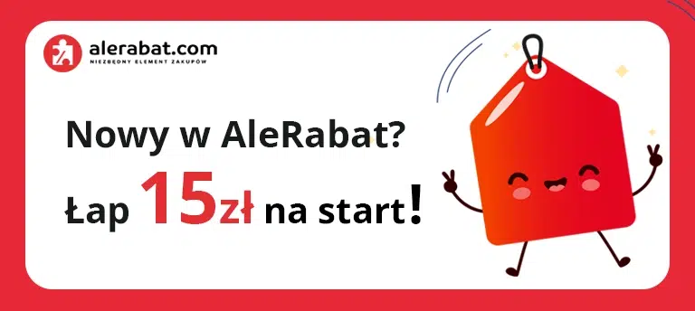 Uśmiechnięta czerwona metka i komunikat „Nowy w AleRabat? Łap 15 zł na start!” – bonus powitalny dla nowych użytkowników serwisu z cashbackiem i kodami rabatowymi.
