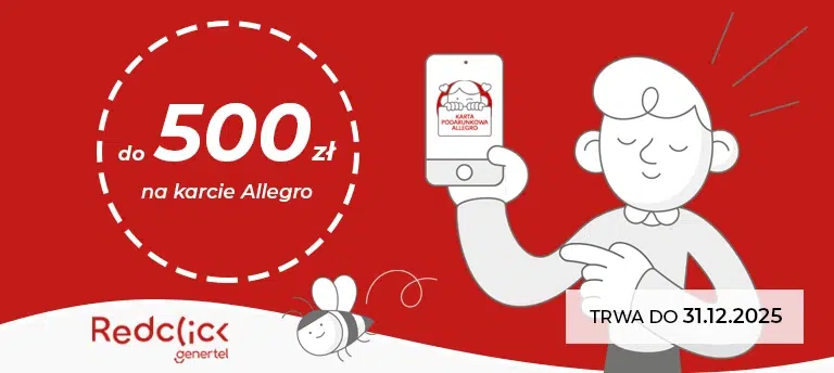 Grafika promocyjna Redclick – do 500 zł na karcie podarunkowej Allegro. Postać z telefonem, czerwona kolorystyka, pszczoła i logo Redclick. Promocja ważna do 31.12.2025 r.