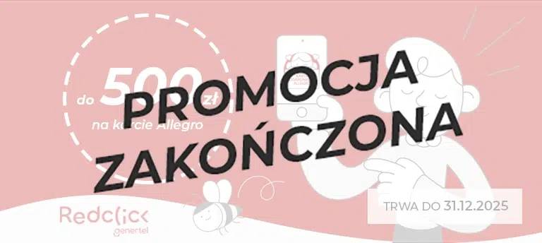 Grafika promocyjna Redclick – do 500 zł na karcie podarunkowej Allegro. Postać z telefonem, czerwona kolorystyka, pszczoła i logo Redclick. Promocja ważna do 31.12.2025 r. Po środku przezroczysty napis PROMOCJA ZAKOŃCZONA.