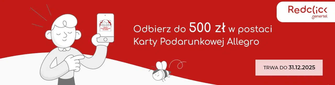 Baner promocji Redclick (Genertel) – odbierz do 500 zł w postaci Karty Podarunkowej Allegro. Czerwone tło, postać z telefonem, logo Redclick w rogu. Promocja trwa do 31.12.2025 r.