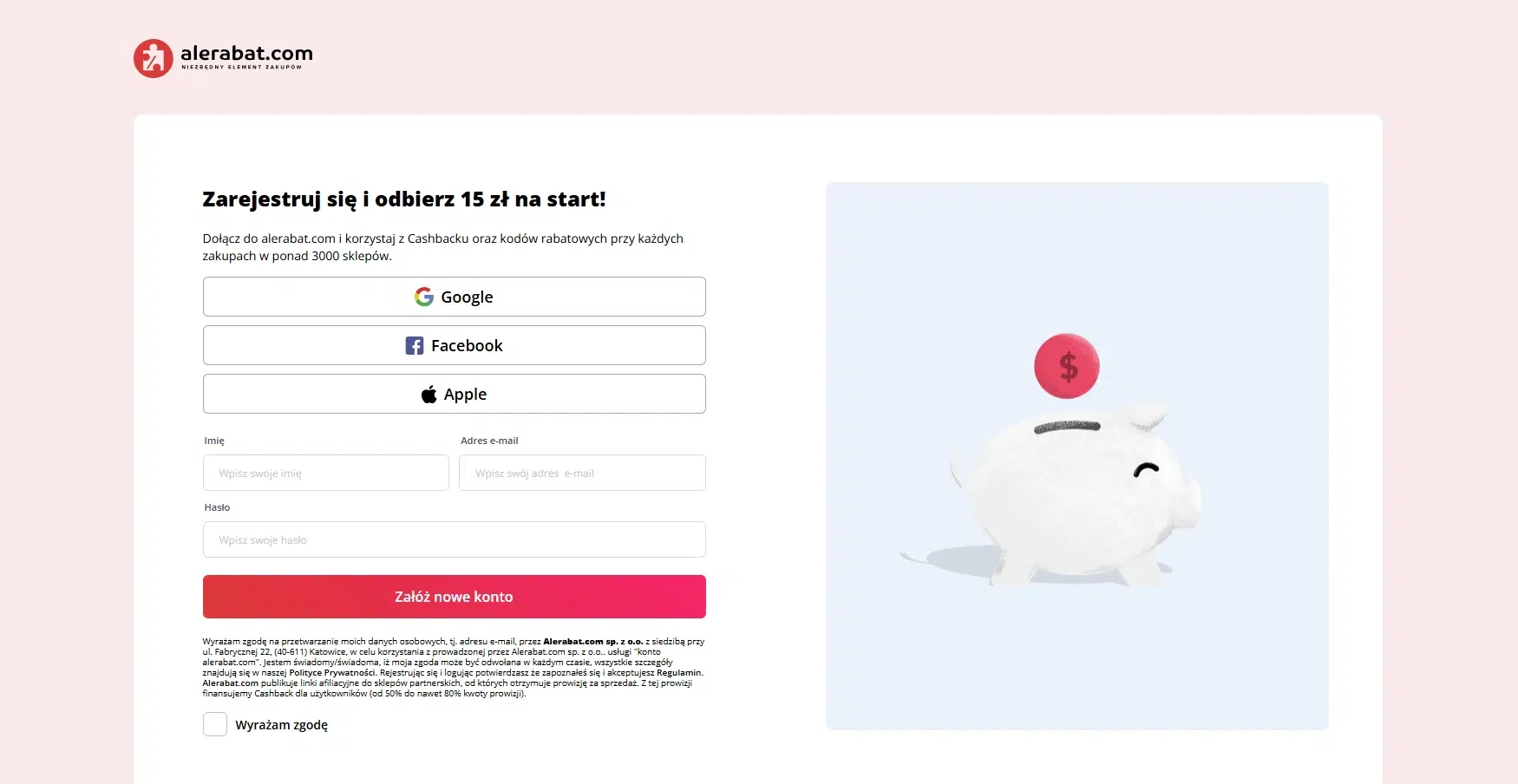 Strona rejestracyjna AleRabat.com z formularzem zakładania konta i informacją o bonusie 15 zł na start za dołączenie do programu cashback. Po prawej stronie widoczna biała świnka-skarbonka z czerwoną monetą.