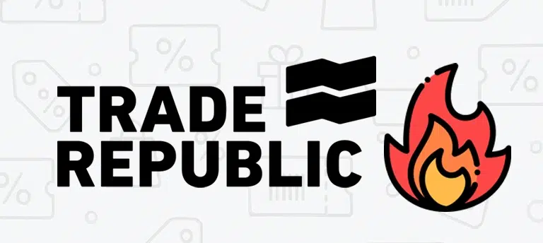 Logo Trade Republic na tle ikonek rabatowych i ognistej ikony promocji – grafika promująca aktualne kody rabatowe i oferty specjalne na Trade Republic.