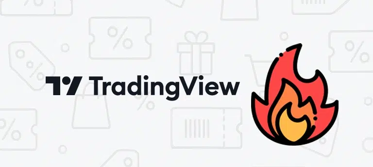 Logo TradingView i ikona ognia na tle symboli rabatów – aktualne promocje i kody rabatowe TradingView.