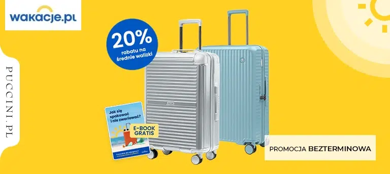 Mobilny baner promocyjny Wakacje.pl prezentujący 20% rabatu na średnie walizki Puccini. Na żółtym tle widoczne są dwie walizki podróżne – srebrna i błękitna – oraz darmowy e-book podróżniczy. W górnej części znajduje się oznaczenie „20% rabatu na średnie walizki”, a po prawej informacja „Promocja bezterminowa”. W lewym górnym rogu umieszczono logo Wakacje.pl.