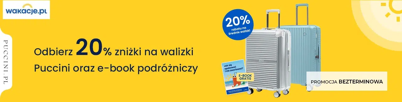 Baner promocyjny Wakacje.pl informujący o możliwości odebrania 20% zniżki na średnie walizki Puccini oraz darmowego e-booka podróżniczego. Na żółtym tle widoczne są dwie walizki Puccini w jasnych kolorach, okrągła grafika z informacją o rabacie 20% oraz okładka e-booka. Po prawej stronie znajduje się oznaczenie „Promocja bezterminowa”, a w lewym górnym rogu logo Wakacje.pl.