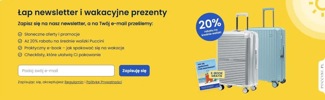 Baner formularza zapisu do newslettera Wakacje.pl zachęcający do odbioru wakacyjnych prezentów. Po lewej stronie znajduje się nagłówek „Łap newsletter i wakacyjne prezenty”, lista korzyści z zapisu oraz formularz z polem do wpisania adresu e-mail i przyciskiem „Zapisuję się”. Po prawej widoczne są dwie walizki Puccini, grafika darmowego e-booka podróżniczego oraz oznaczenie „20% rabatu na średnie walizki”. Całość utrzymana jest w żółtej kolorystyce nawiązującej do wakacyjnych promocji.