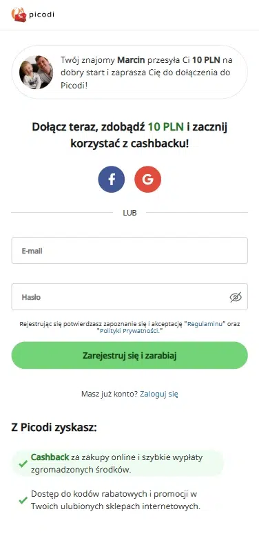 Mobilna wersja strony rejestracyjnej Picodi z zaproszeniem od użytkownika Marcina. Formularz umożliwia założenie konta i odbiór 10 zł na start. Dostępne opcje rejestracji przez Facebooka, Google lub e-mail. Poniżej lista korzyści z cashbacku i kodów rabatowych.