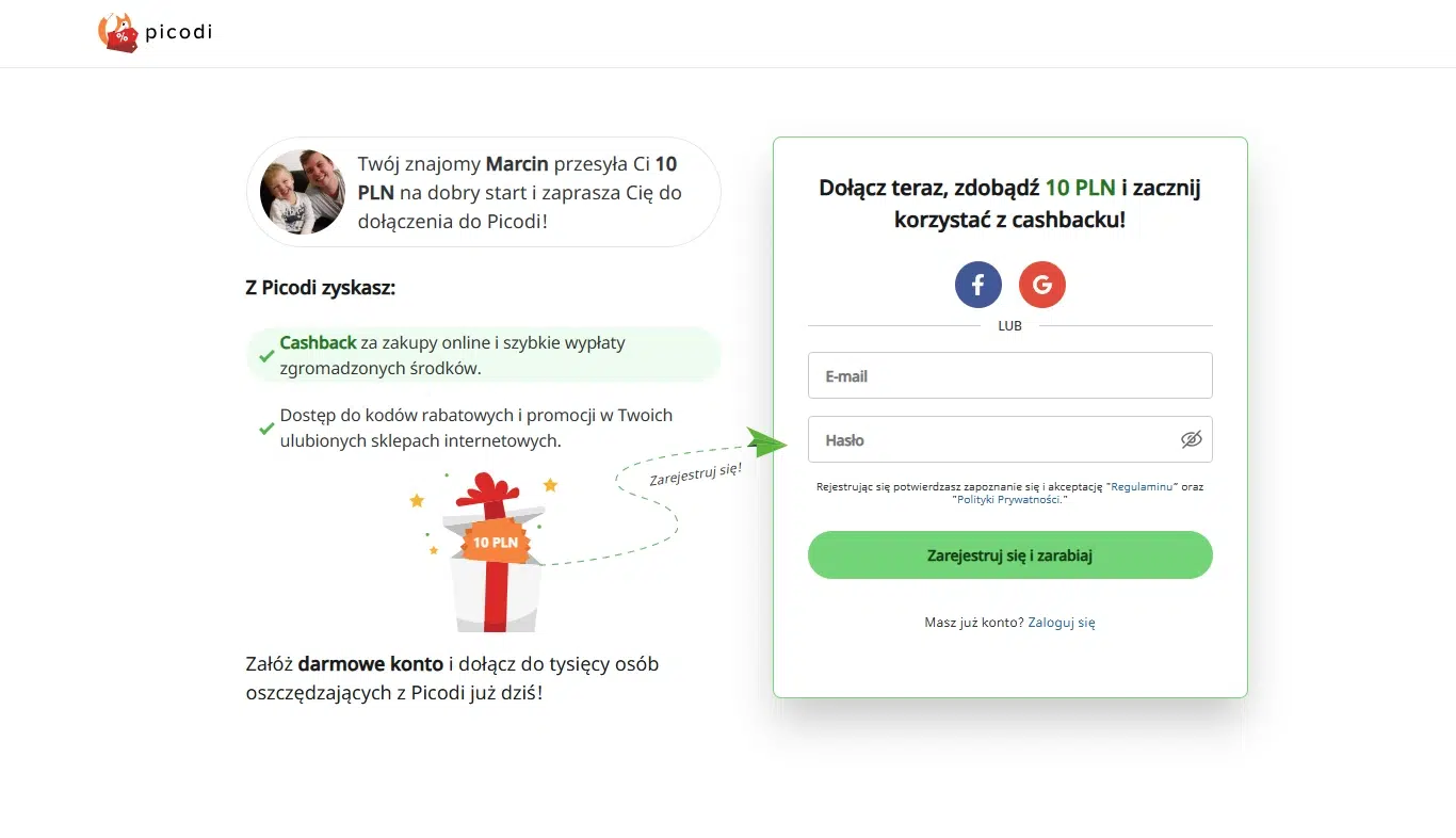 Strona rejestracji w Picodi z zaproszeniem do założenia konta i otrzymania 10 zł na start; po lewej grafika prezentu z napisem „10 PLN” i lista korzyści, po prawej formularz rejestracyjny z opcją logowania przez e-mail, Facebook lub Google.