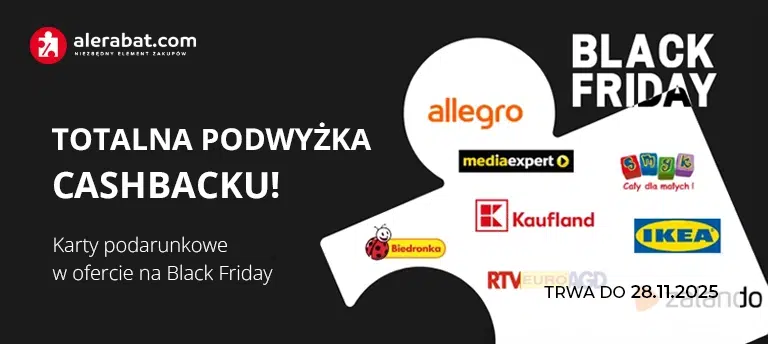 Mobilna grafika AleRabat.com promująca Black Friday 2025 z hasłem ‘Totalna podwyżka cashbacku!’ oraz logotypami sklepów takich jak Allegro, Media Expert, Kaufland, Biedronka, IKEA i Zalando. Promocja trwa do 28.11.2025.