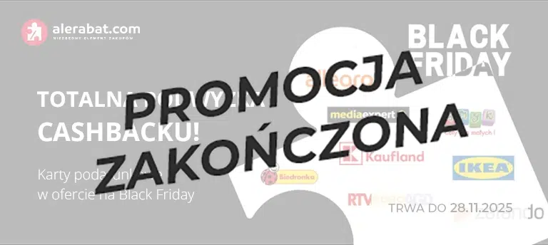 Mobilna grafika AleRabat.com promująca Black Friday 2025 z hasłem ‘Totalna podwyżka cashbacku!’ oraz logotypami sklepów takich jak Allegro, Media Expert, Kaufland, Biedronka, IKEA i Zalando. Promocja trwa do 28.11.2025. Po środku przezroczysty napis PROMOCJA ZAKOŃCZONA.