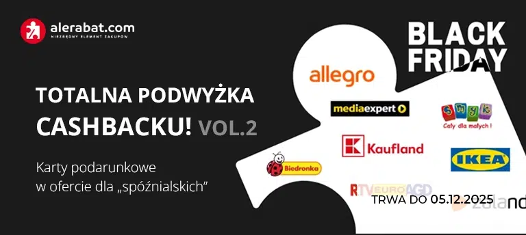 Mobilny baner AleRabat Black Friday Vol. 2 z podwyższonym cashbackiem na karty podarunkowe Allegro, Media Expert, Smyk, Kaufland, Biedronka, IKEA, RTV Euro AGD i Zalando. Oferta ważna do 5 grudnia 2025.