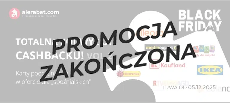 Mobilny baner AleRabat Black Friday Vol. 2 z podwyższonym cashbackiem na karty podarunkowe Allegro, Media Expert, Smyk, Kaufland, Biedronka, IKEA, RTV Euro AGD i Zalando. Oferta ważna do 5 grudnia 2025. Po środku napis PROMOCJA ZAKOŃCZONA.
