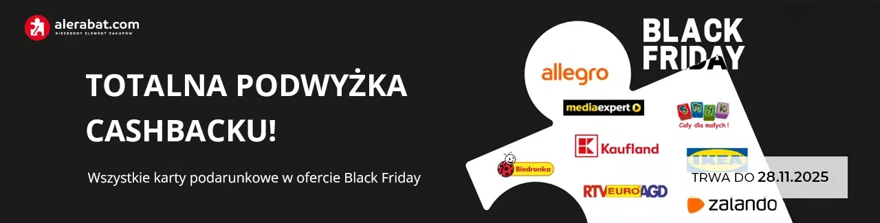 Grafika promocyjna AleRabat.com na Black Friday 2025 z hasłem ‘Totalna podwyżka cashbacku!’ oraz logotypami sklepów takich jak Allegro, Media Expert, Biedronka, Kaufland, IKEA i Zalando. Promocja trwa do 28.11.2025.