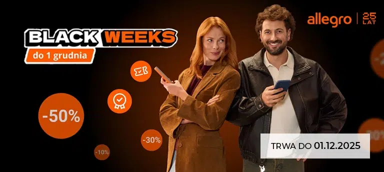 Mobilna grafika Allegro z okazji Black Weeks 2025, przedstawiająca rabaty do –50%, ikonki zniżek i informację, że promocja trwa do 01.12.2025.