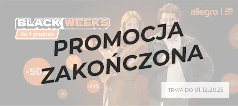 Mobilna grafika Allegro z okazji Black Weeks 2025, przedstawiająca rabaty do –50%, ikonki zniżek i informację, że promocja trwa do 01.12.2025. Po środku napis PROMOCJA ZAKOŃCZONA.