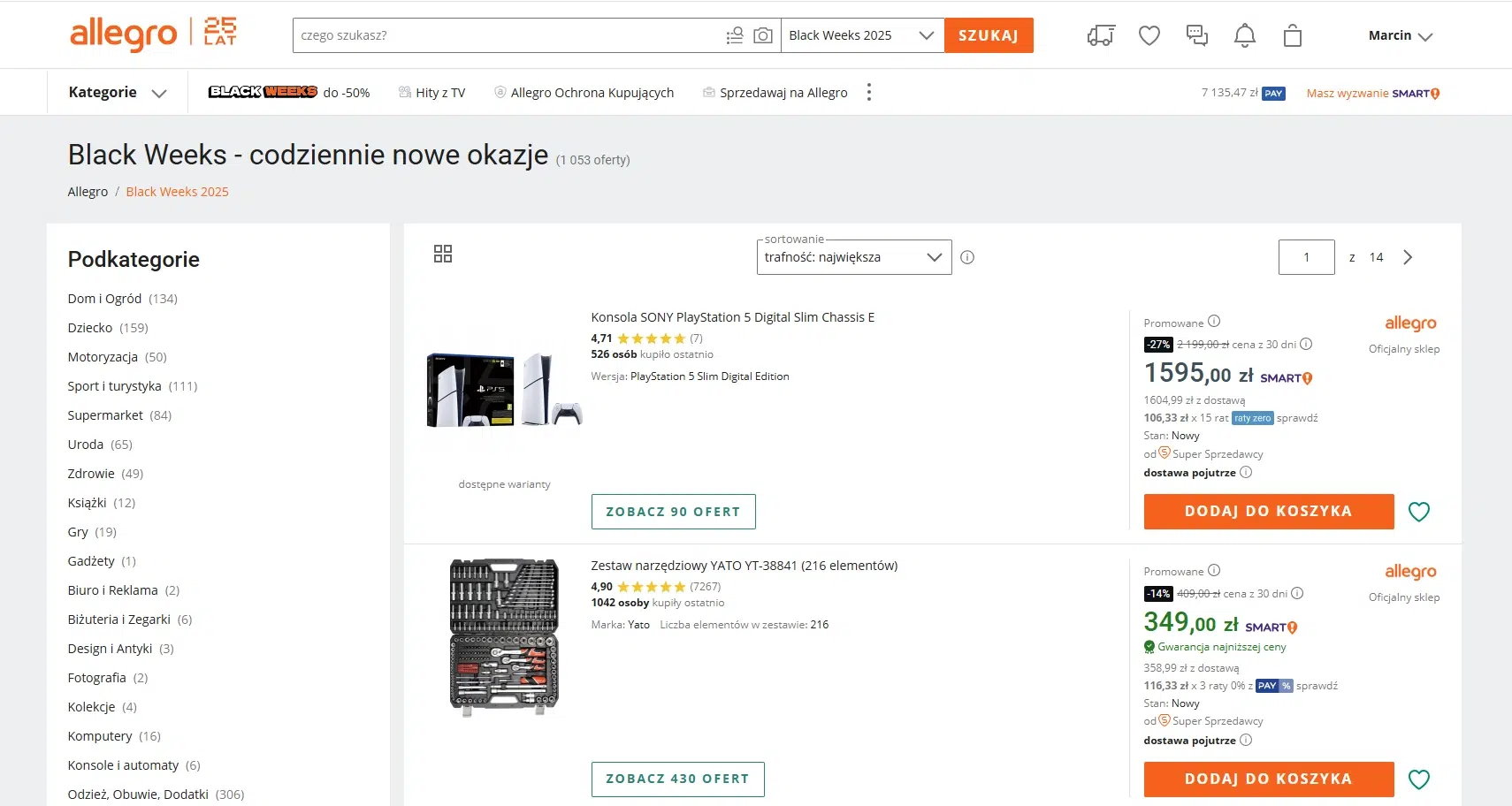 Zrzut ekranu kategorii Black Weeks 2025 na Allegro – codziennie nowe okazje z różnych podkategorii, m.in. elektronika, dom i ogród, dziecko i motoryzacja, wraz z przecenionymi ofertami takimi jak PlayStation 5 czy zestawy narzędzi.