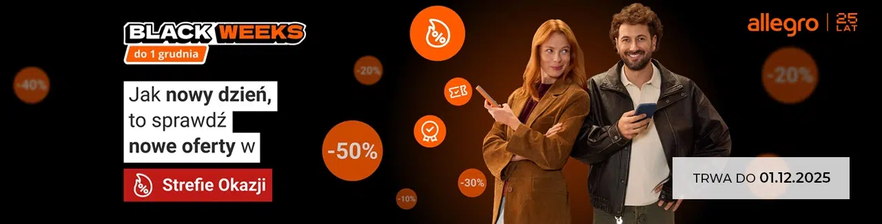 Grafika promocyjna Allegro z okazji Black Weeks 2025 – rabaty do –50%, codzienne nowe oferty w Strefie Okazji oraz informacja, że promocja trwa do 01.12.2025.