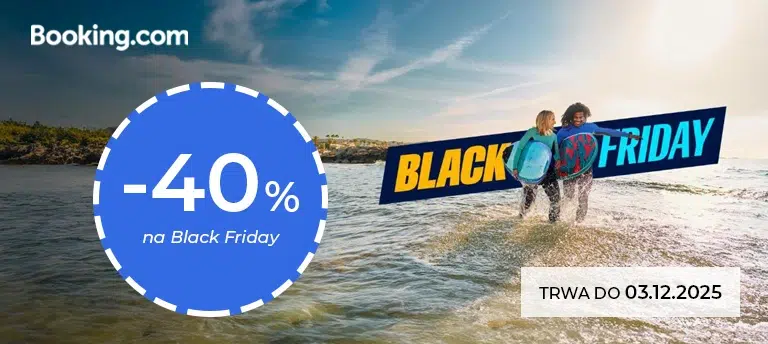 Mobilna grafika promocyjna Booking.com na Black Friday 2025 z rabatem –40% na podróże oraz informacją, że oferta trwa do 03.12.2025.