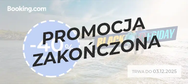Mobilna grafika promocyjna Booking.com na Black Friday 2025 z rabatem –40% na podróże oraz informacją, że oferta trwa do 03.12.2025. Po środku napis PROMOCJA ZAKOŃCZONA.