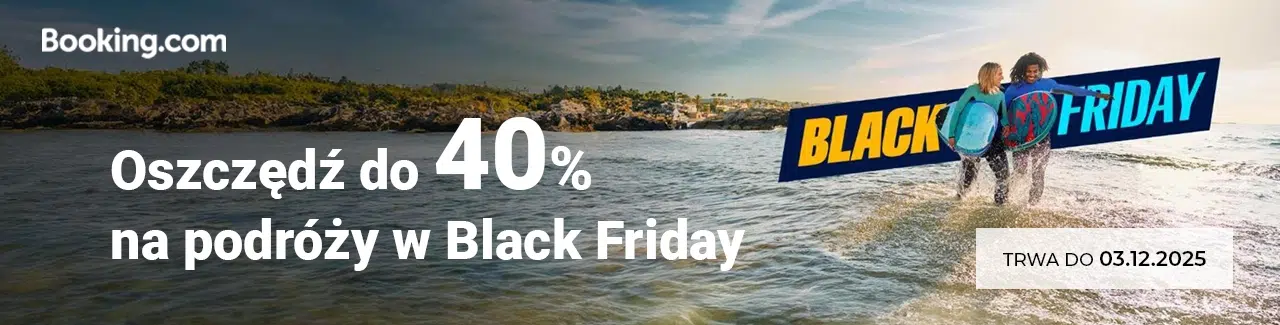 Grafika promocyjna Booking.com na Black Friday 2025, pokazująca parę na plaży oraz informację o rabatach do 40% na podróże, ważnych do 03.12.2025.