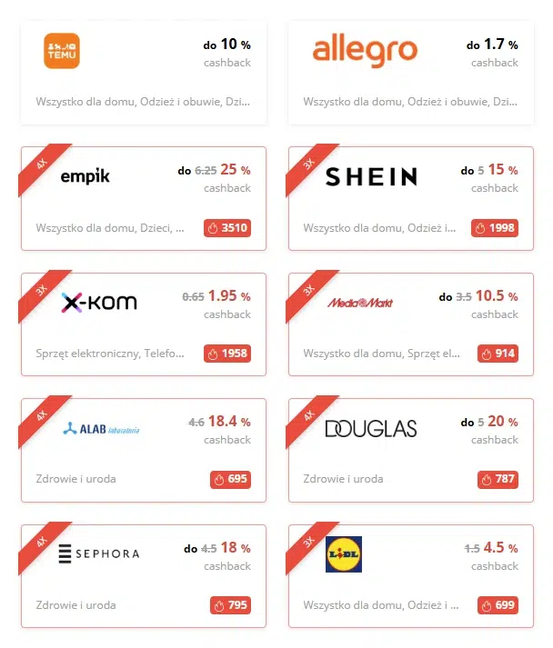 Lista sklepów z cashbackiem w loterii Letyshops 2025. TEMU – do 10%, Allegro – do 1,7%, Empik – do 25%, SHEIN – do 15%, X-kom – 1,95%, MediaMarkt – do 10,5%, ALAB – 18,4%, Douglas – do 20%, Sephora – do 18%, Lidl – do 4,5%.