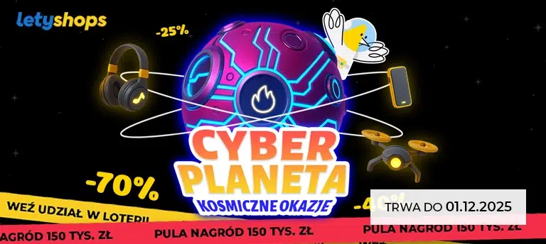 Mobilna grafika LetyShops promująca akcję ‘Cyber Planeta – Kosmiczne Okazje’ z rabatami do –70%, futurystycznym motywem planety i informacją, że promocja trwa do 01.12.2025.