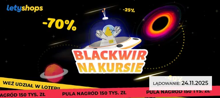 Mobilna grafika LetyShops promująca akcję ‘Blackwir na kursie’ z rabatami do –70%, kosmicznym motywem i loterią z pulą nagród 150 tys. zł, startującą 24.11.2025.
