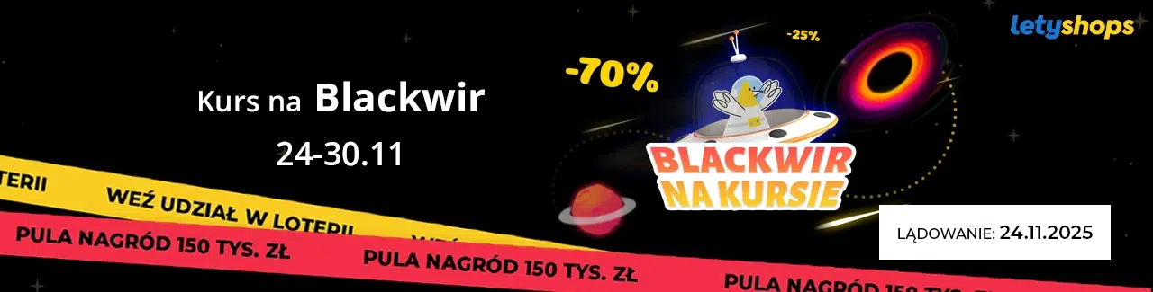Grafika promocyjna LetyShops przedstawiająca akcję ‘Kurs na Blackwir’ z rabatami do –70%, motywem kosmicznym i informacją o loterii z pulą nagród 150 tys. zł, obowiązującą w dniach 24–30 listopada 2025.