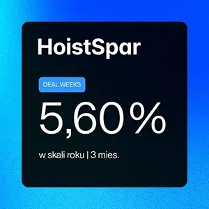 Grafika przedstawiająca ofertę tygodnia Raisin Deal Weeks: lokata HoistSpar na 5,60% w skali roku na 3 miesiące, zaprezentowana na niebieskim tle.