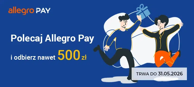 Mobilna grafika promocyjna Allegro Pay z hasłem „Polecaj Allegro Pay i odbierz nawet 500 zł”, ilustracja dwóch skaczących osób z prezentem, informacja o czasie trwania promocji do 31.05.2026.