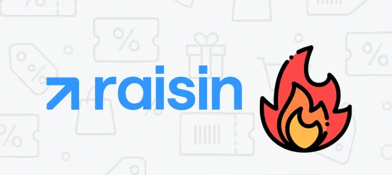 Grafika z logo Raisin oraz ikoną płomienia, symbolizująca gorące promocje, rabaty i aktualne oferty dostępne w serwisie Raisin.
