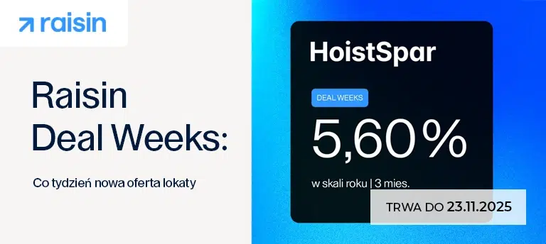 Mobilna grafika Raisin Deal Weeks przedstawiająca ofertę lokaty HoistSpar na 5,60% w skali roku na 3 miesiące, z informacją o ważności promocji do 23.11.2025.