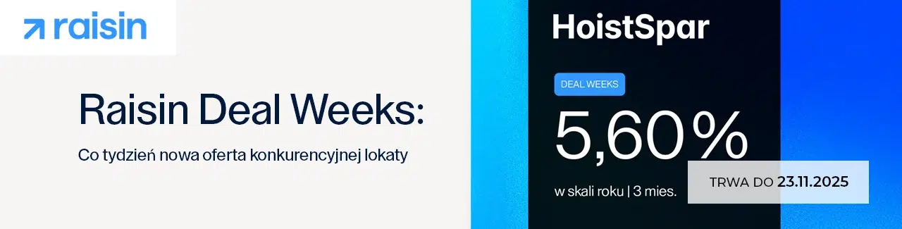Grafika promująca Raisin Deal Weeks z ofertą lokaty HoistSpar na 5,60% w skali roku na 3 miesiące oraz informacją, że promocja trwa do 23.11.2025