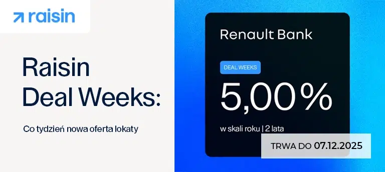 Mobilna grafika Raisin Deal Weeks z ofertą lokaty Renault Bank na 5,00% w skali roku na 2 lata oraz informacją o ważności promocji do 07.12.2025.
