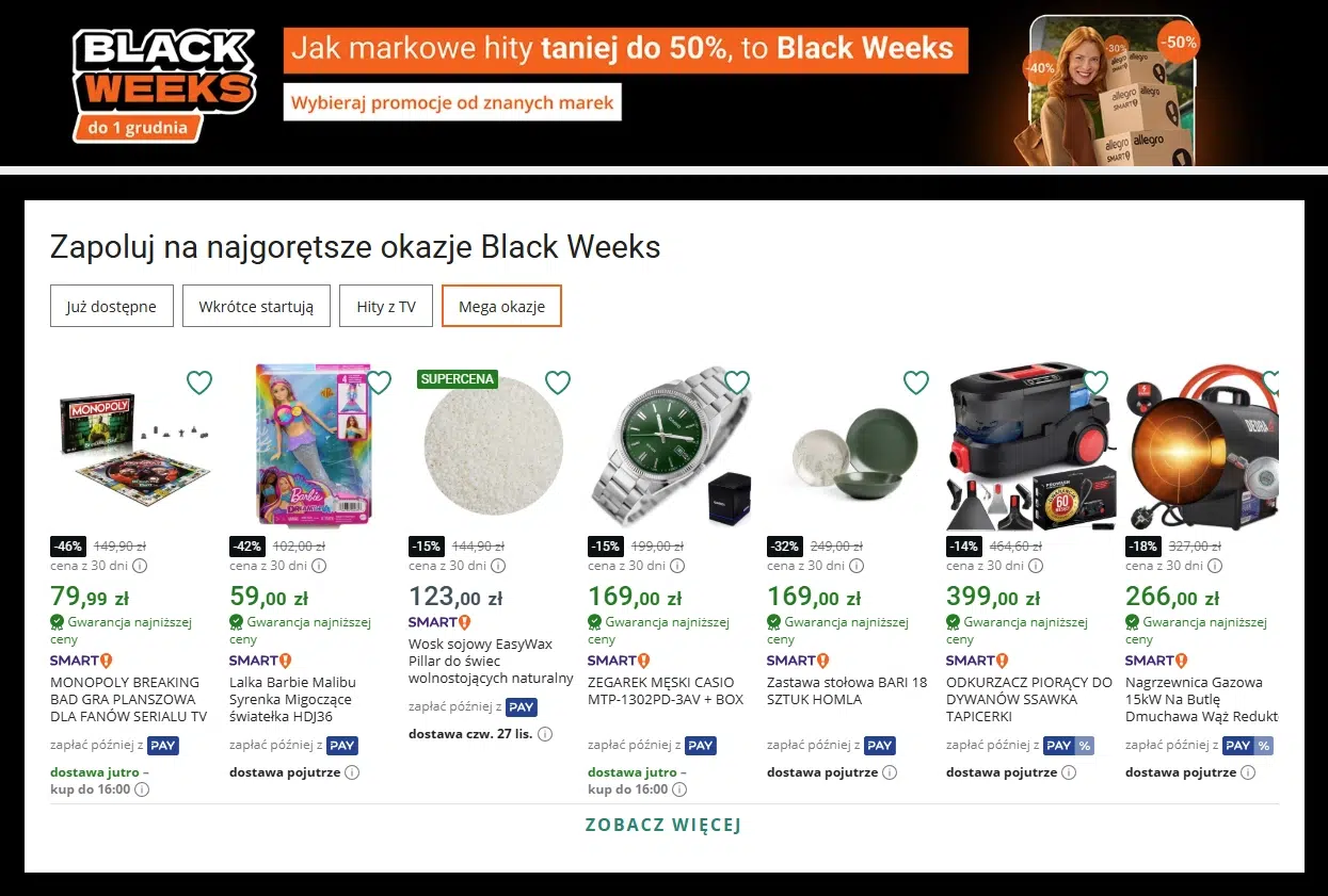 Zrzut ekranu sekcji Mega okazje w Strefie Okazji Allegro podczas Black Weeks 2025 – prezentacja przecenionych produktów, w tym gier, zabawek, akcesoriów domowych, zegarków i sprzętu AGD, z rabatami sięgającymi nawet –46%.