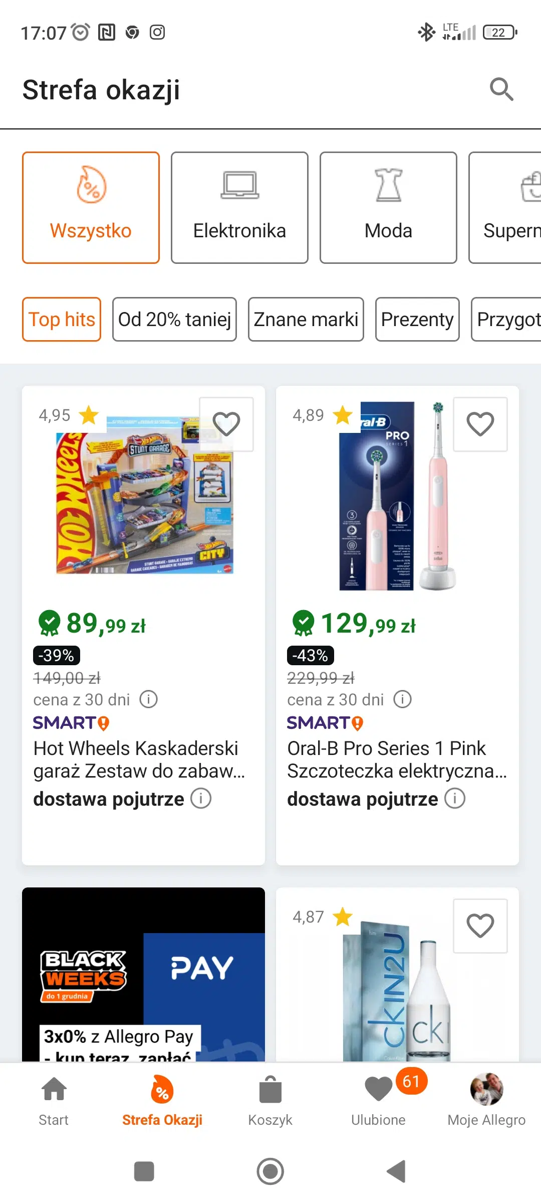 Mobilny widok Strefy Okazji Allegro podczas Black Weeks 2025 – przecenione produkty z różnych kategorii, m.in. opony, odzież termoaktywna i skarpetki, z widocznymi rabatami do –40% oraz szybką dostawą.