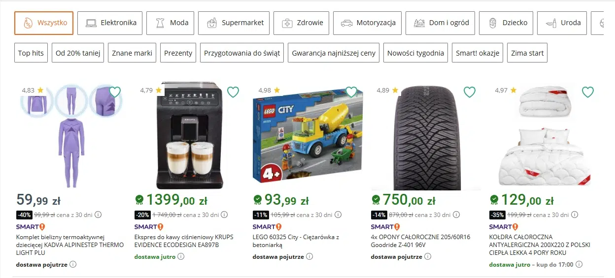 Zrzut ekranu sekcji okazji na Allegro podczas Black Weeks 2025 – produkty z różnych kategorii, m.in. odzież, AGD, LEGO, opony i tekstylia domowe, z widocznymi rabatami do –40% oraz szybkim czasem dostawy.