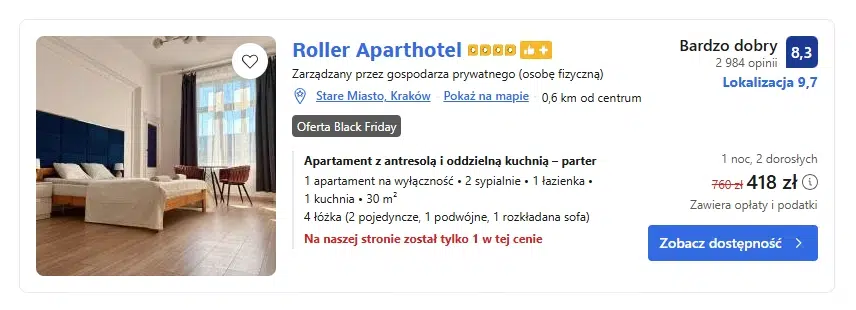 Grafika prezentująca ofertę Black Friday na Booking.com dla Roller Aparthotel w Krakowie: apartament z antresolą, 2 sypialniami i kuchnią, z obniżoną ceną 418 zł za noc dla 2 osób.