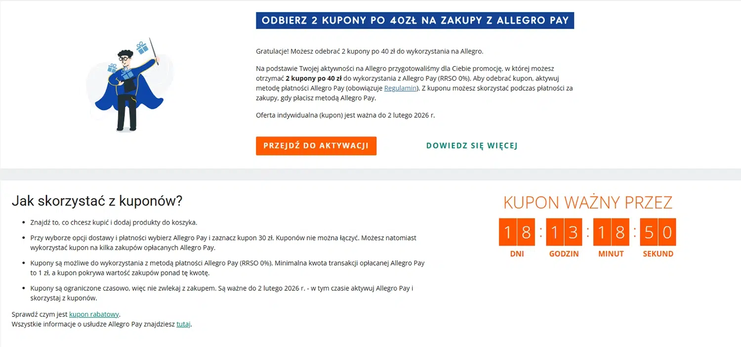 Baner informujący o promocji Allegro Pay, w której użytkownik może odebrać 2 kupony po 40 zł na zakupy po aktywacji metody płatności. Widoczne zasady oferty, przycisk aktywacyjny oraz termin ważności kuponów do 2 lutego 2026 r.