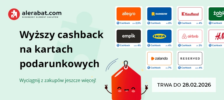 Mobilny baner AleRabat – wyższy cashback na kartach podarunkowych (Allegro, Empik, IKEA, Zalando i inne), promocja do 28.02.2026.
