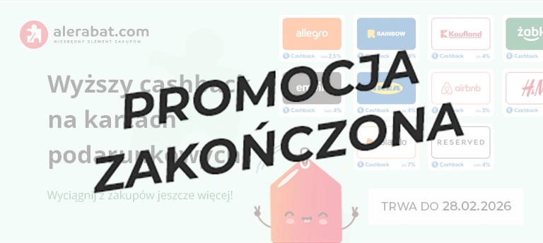 Mobilny baner AleRabat – wyższy cashback na kartach podarunkowych (Allegro, Empik, IKEA, Zalando i inne), promocja do 28.02.2026. Po środku napis PROMOCJA ZAKOŃCZONA.
