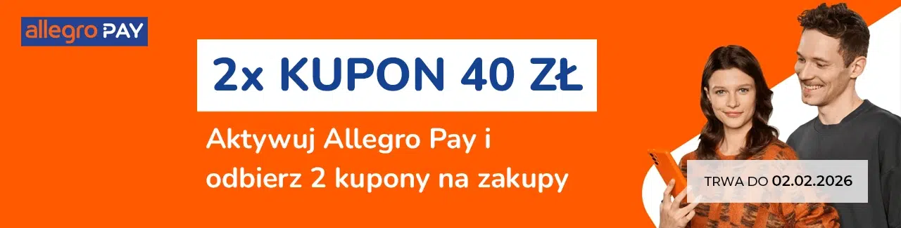 Baner Allegro Pay informujący o promocji 2× kupon 40 zł za aktywację usługi. Na pomarańczowym tle widoczne hasło promocyjne oraz para użytkowników trzymających telefon. Promocja trwa do 02.02.2026.